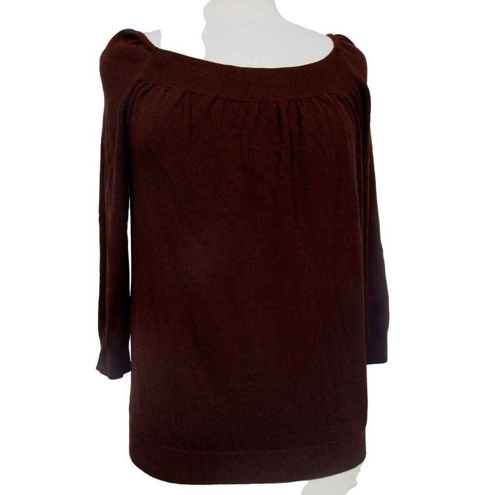 Joseph A.  Brown Silk Blend Stretch Top 3/4 Sleeve Mini Rib Borders Sz L NEW